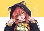  1girl animal_ear_hood black_hoodie blush commentary_request crossed_bangs ear_piercing earrings fangs green_eyes hair_between_eyes head_tilt highres hood hood_up hoodie jewelry kashikaze long_hair long_sleeves looking_at_viewer low_twintails nijisanji open_mouth orange_hair outline paw_print paw_print_background piercing shishido_akari solo twintails two-tone_background virtual_youtuber white_background white_outline yellow_background 