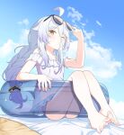  1girl absurdres ahoge barefoot beach beach_towel blue_sky blush braid braided_ponytail breasts cloud cloudy_sky collarbone commentary_request eyewear_on_head feet full_body gradient_hair grey_hair hair_between_eyes hand_up henya_the_genius highres innertube korean_commentary legs legs_together long_hair looking_at_viewer mixed-language_commentary multicolored_hair nail_polish on_innertube one_eye_closed outdoors pink_nails purple_hair see-through see-through_shirt short_sleeves sitting sky small_breasts solo spread_toes sunglasses swimsuit toenail_polish toenails toes towel ugaaaa5 very_long_hair virtual_youtuber vshojo yellow_eyes 