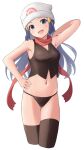  1girl :d armpits beanie breasts brown_panties brown_thighhighs brown_vest commentary_request dawn_(pokemon) eyelashes grey_eyes hair_ornament hairclip hand_on_own_hip hand_up hat head_tilt hiyoshipow long_hair looking_at_viewer navel open_mouth panties pokemon pokemon_(game) pokemon_dppt scarf sidelocks simple_background smile solo thighhighs tongue underwear vest white_background white_headwear 