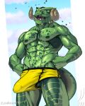  abs anthro argonian bethesda_softworks big_bulge bulge clothing hi_res horn iudicium86 low-angle_view male muscular nipples outside reptile scalie sky solo the_elder_scrolls underwear 