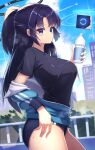  1girl absurdres ass black_hair black_shirt blue_archive blue_eyes blue_sky blurry bottle breasts building buruma cloud cloudy_sky commentary_request depth_of_field drone eiryu33 from_side gym_shirt gym_uniform halo hand_on_hip high_ponytail highres holding holding_bottle jacket lanyard large_breasts long_hair long_sleeves looking_at_viewer looking_to_the_side official_alternate_costume open_clothes open_jacket outdoors parted_bangs plastic_bottle shirt short_sleeves sidelocks sky skyline skyscraper solo sweat thick_thighs thighs track_jacket water_bottle yuuka_(blue_archive) yuuka_(gym_uniform)_(blue_archive) 