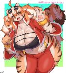  anthro breasts claws clothed clothing felid female finger_claws fur hi_res looking_at_viewer mammal orange_body orange_eyes orange_fur pantherine pawpads simple_background solo striped_body striped_fur stripes sususuigi tiger 