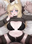  absurdres arknights black_bra blonde_hair blue_eyes blush bra breasts clothes_lift highres mildt navel stomach thighhighs underwear whislash_(arknights) zipper 