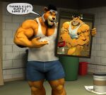  2017 anthro arm_tuft beard biceps black_hair blue_clothing blue_shirt blue_topwear braford brick_wall brown_eyes bucket claws clothing container dated dialogue dirty_clothing dirty_shirt english_text eyewear facial_hair felid female finger_claws fur goatee goggles gym hair holding_object kurt_(braford) lion looking_at_viewer male mammal muscular muscular_anthro muscular_female muscular_thighs navel pantherine pecs portrait_(object) pubes shirt signature smile solo speech_bubble tank_top text thank_you thymilph topwear triceps tuft wall_(structure) whiskers white_clothing white_hair white_shirt white_tank_top white_topwear yellow_body yellow_fur 