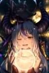  1girl 2022 ;d absurdres animal_on_head bird bird_on_head black_horns breasts christmas cleavage demon_horns english_commentary hands_up highres hololive horns kanai1999 la+_darknesss long_hair looking_at_object multicolored_hair on_head one_eye_closed open_mouth pointy_ears purple_hair purple_horns small_breasts smile solo straight_hair streaked_hair striped_horns teeth white_hair yellow_eyes 