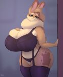  2023 absolute_territory anthro big_breasts big_butt blue_eyes breasts butt cleavage cleavage_overflow clothed clothing dewlap_(anatomy) dipstick_ears domestic_rabbit fangs female flemish_giant fur garter_belt garter_straps hazel_(shakotanbunny) hi_res highlights_(coloring) huge_breasts huge_butt lagomorph legwear leporid lingerie looking_at_viewer mammal multicolored_ears navel oryctolagus panties rabbit shakotanbunny signature smile solo standing stockings tan_body tan_fur teeth thick_thighs underwear whiskers wide_hips 