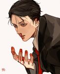  1boy black_hair black_jacket blood blood_on_hands collared_shirt commentary_request fingernails formal hair_slicked_back highres jacket kagoya1219 leaning_forward long_sleeves male_focus necktie nosebleed notched_ear original parted_lips red_necktie sanpaku scar scar_across_eye shirt short_hair signature simple_background solo upper_body white_background white_shirt 