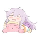  1boy 1girl blush closed_eyes fire_emblem fire_emblem:_genealogy_of_the_holy_war julia_(fire_emblem) kirby kirby_(series) lying on_stomach open_mouth poaa_20 purple_hair sleeping sleeping_on_person white_background 
