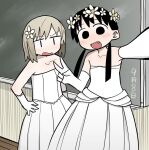 2girls annoyed bare_shoulders black_eyes black_hair blush brown_hair chalkboard classroom collarbone commission dress elbow_gloves fang flower gloves hair_flower hair_ornament hair_over_shoulder hand_on_own_hip hand_up hatopopoko head_wreath heisei_umare indoors jitome long_hair looking_at_another looking_at_viewer low_twintails medium_hair multiple_girls open_mouth satou_(heisei_umare) skeb_commission smile standing strapless strapless_dress timestamp twintails v v-shaped_eyebrows wedding_dress white_dress white_flower white_gloves yomura_yuri |_| 