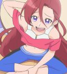  1girl arm_behind_head blue_eyes blue_leggings breasts haruyama_kazunori leggings legs long_hair looking_at_viewer midriff navel open_mouth pants precure red_hair sitting small_breasts smile solo takizawa_asuka teeth tropical-rouge!_precure upper_teeth_only 