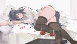  1girl absurdres animal_ear_piercing animal_ears arknights black_hair black_thighhighs breasts cmdr_saturn cup drinking_glass highres long_hair long_sleeves looking_at_viewer lying on_bed on_side panties petals shirt small_breasts solo table tail texas_(arknights) thighhighs underwear white_panties white_shirt wine_glass wolf_ears wolf_girl wolf_tail yellow_eyes 