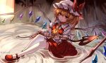  1girl absurdres back_bow blonde_hair bow breasts crystal expressionless flandre_scarlet frilled_shirt_collar frills full_body hair_between_eyes hat highres holding holding_weapon laevatein_(touhou) light_blush light_brown_hair mob_cap one_side_up over-kneehighs parted_lips petite puffy_short_sleeves puffy_sleeves red_eyes red_footwear red_skirt red_vest ripples short_sleeves sitting skirt skirt_set small_breasts solo thighhighs top-exerou touhou vest water weapon white_thighhighs wings 