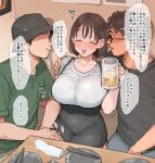  1girl 2boys absurdres beer_mug blush brown_hair casual chopsticks collarbone contemporary cup denim drunk eda_(prsy3) faceless faceless_male glasses hand_on_another&#039;s_thigh hat highres mug multiple_boys original pants plate shirt short_hair smile translation_request 