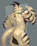  2023 anthro balls butt claws digital_drawing_(artwork) digital_media_(artwork) dragon finger_claws fingers genitals gyfu hi_res horn looking_back male muscular muscular_anthro muscular_male rear_view rithe scalie simple_background solo standing tail tattoo 