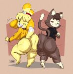  animal_crossing anthro ass_to_ass big_breasts big_butt bottomless breasts butt canid canine canis clothed clothing domestic_cat domestic_dog duo felid feline felis female girly hi_res huge_butt isabelle_(animal_crossing) joaoppereiraus kralex looking_at_viewer looking_back looking_back_at_viewer male mammal nintendo one_eye_closed shih_tzu toy_dog wink 