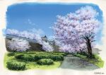  architecture building bush castle cherry_blossoms east_asian_architecture grass highres no_humans original painting_(medium) path plant scenery shadow sunlight sunrise_arte traditional_media tree 