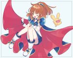  1girl absurdres arle_nadja blue_armor blue_cape blue_skirt boots brown_eyes brown_hair cape carbuncle_(puyopuyo) clenched_hand eyelashes floating highres index_finger_raised kashima_miyako madou_monogatari one_eye_closed open_mouth ponytail puyopuyo skirt solo star_(symbol) star_in_eye symbol_in_eye white_background white_footwear 