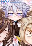  !? 1boy 2girls :o animal_ears biting blonde_hair blue_eyes blunt_bangs blush brown_hair brown_shirt center_frills closed_eyes collared_shirt ear_biting earrings erune flower-shaped_pupils frills galleon_(granblue_fantasy) glasses granblue_fantasy grey_hair hair_between_eyes hair_ornament hairclip head_wings hk_nh3cooh jewelry long_hair lu_woh_(granblue_fantasy) multicolored_hair multiple_girls pointy_ears portrait purple_hair shirt streaked_hair surprised sweatdrop symbol-shaped_pupils upper_body wamdus_(granblue_fantasy) white_shirt wide-eyed yellow_eyes 