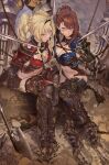  2girls absurdres armor arms_behind_back axe beatrix_(granblue_fantasy) blonde_hair blue_eyes boots breasts brown_hair captured chain chained cleavage cleavage_cutout clothing_cutout commission dirty gauntlets granblue_fantasy green_eyes high_heel_boots high_heels highres long_hair mud multiple_girls navel pauldrons ponytail restrained shoulder_armor sword tears thighhighs torn_clothes twintails weapon yewang19 zeta_(granblue_fantasy) 