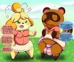  absurd_res animal_crossing anthro balls_outline bulge canid canine canis chibi clothed clothing crossdressing detailed_bulge dialogue domestic_dog duo female genital_outline hi_res isabelle_(animal_crossing) male male/female mammal nintendo outside panties raccoon_dog short_stack slightly_chubby tanuki tepigfan101 tom_nook_(animal_crossing) underwear upskirt 