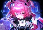  1girl :3 bare_shoulders bell black_cat black_collar blush camila_(vtuber) cat chest_belt claw_ring cloud_(lufaeris) collar collarbone colored_eyelashes demon_girl demon_tail demon_wings diamond_hair_ornament earrings eyelashes facial_mark hair_between_eyes halterneck hand_up head_wings heart heart_belt heart_facial_mark highres indie_virtual_youtuber jewelry light_particles looking_at_viewer medium_hair mismatched_eyelashes multicolored_hair neck_bell one_eye_closed pink_hair pointy_ears purple_eyes solo streaked_hair stud_earrings tail two_side_up virtual_youtuber watermark white_hair wings 