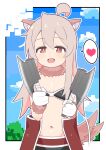  1girl absurdres ahoge animal_ears armor axe bikini_armor fang genderswap genderswap_(mtf) gloves heart highres holding holding_axe long_hair looking_at_viewer navel onii-chan_wa_oshimai! open_mouth orange_eyes oyama_mahiro pink_hair solo tail wolf_ears wolf_tail yama_h15 