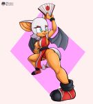  anthro blue_eyes cosplay eye_makeup fan_(disambiguation) fatal_fury female fours_(artist) fur hi_res lipstick mai_shiranui makeup nipple_slip nipples orange_body rouge_the_bat sega solo sonic_the_hedgehog_(series) white_body white_fur wings 