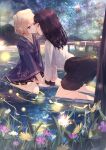  2girls absurdres benevole black_hair blonde_hair dock fireflies flower highres kneeling long_hair long_sleeves looking_at_another multiple_girls night night_sky original partially_submerged red_eyes reflection reflective_water short_hair skirt sky star_(sky) water yuri 