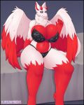  anthro big_breasts breasts clothing female fur hi_res lingerie lykan284 simple_background smile solo solo_focus tail thick_thighs wide_hips wings 