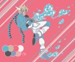  1boy battle_tendency blonde_hair blue_jacket bubble caesar_anthonio_zeppeli carota327 facial_mark feather_hair_ornament feathers fingerless_gloves gloves hair_ornament headband highres hydrokinesis jacket jojo_no_kimyou_na_bouken knee_pads layered_sleeves long_sleeves male_focus short_over_long_sleeves short_sleeves solo triangle_print water 