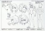  1girl anger_vein barefoot dated full_body greyscale keijo!!!!!!!! looking_at_viewer medium_hair monochrome multiple_views muscular muscular_female one-piece_swimsuit one_side_up ooshima_yuuko_(keijo!!!!!!!!) production_art reference_sheet smile standing swimsuit 