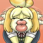  1:1 animal_crossing anthro canid canine canis digital_media_(artwork) domestic_dog eyelashes female first_person_view fur hair hi_res imminent_kiss isabelle_(animal_crossing) kissing kissing_pov kissy_face lips lipstick makeup mammal nintendo puckered_lips shih_tzu simple_background solo tail tail_motion tailwag tekandprieda_(artist) toy_dog yellow_body 