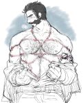  1boy abs bara bare_pectorals beard blush closed_eyes cowboy_shot facial_hair facing_away graves_(league_of_legends) hair_slicked_back karipaku large_pectorals league_of_legends male_focus mature_male muscular muscular_male mustache navel navel_hair nipples open_clothes open_shirt pectorals rope_marks short_hair sigh simple_background sketch solo stomach thick_eyebrows undressing 
