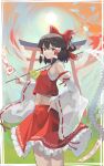  1girl absurdres ascot bow brown_eyes detached_sleeves frilled_bow frills gohei hair_between_eyes hair_bow hair_tubes hakurei_reimu hand_on_hip highres holding holding_stick midriff navel red_bow red_skirt ribbon-trimmed_sleeves ribbon_trim sarashi shiroserika skirt solo stick sun touhou wide_sleeves 