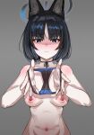  1girl animal_ears black_choker black_eyes black_hair black_panties blue_archive blue_halo bow_(bhp) breasts cat_ears cat_girl chinese_commentary choker closed_mouth commentary_request completely_nude grey_background halo holding holding_clothes holding_panties holding_underwear kikyou_(blue_archive) medium_breasts navel nipples nude panties ribbon_choker short_hair simple_background solo underwear 