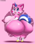  anthro belly big_belly big_breasts big_butt blue_eyes bottomwear breasts butt clothing domestic_cat felid feline felis female hi_res horn huge_breasts huge_butt mammal pink_background pink_body shorts simple_background smile solo tail the_lego_movie thedeathcrow05 thick_thighs unikitty 
