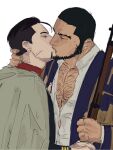  2boys bara beard black_hair blue_jacket chest_hair collared_shirt facial_hair golden_kamuy grey_hood gun hand_on_another&#039;s_chest hand_on_another&#039;s_neck holding holding_gun holding_weapon jacket kiss long_sideburns male_focus multiple_boys ogata_hyakunosuke pectoral_cleavage pectorals pyszvly shirt short_hair sideburns simple_background tanigaki_genjirou upper_body weapon white_background white_shirt yaoi 