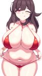  1girl ;) azur_lane bikini bikini_pull breasts brown_hair cleavage closed_mouth clothes_pull commentary cowboy_shot groin heart heart-shaped_pupils highres huge_breasts looking_at_viewer medium_hair navel official_alternate_costume one_eye_closed piao_mao pixel_art plump pulled_by_self red_bikini red_eyes royal_fortune_(azur_lane) royal_fortune_(eyes_on_the_prize)_(azur_lane) simple_background smile solo swimsuit symbol-shaped_pupils tongue tongue_out white_background 