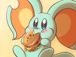 animal_ears burger ddddndn eating elfilin food food_on_face highres holding holding_food kirby_(series) kirby_and_the_forgotten_land kirby_burger mouse_ears no_humans notched_ear solid_oval_eyes solo tail yellow_background 