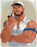  1boy arm_wrap atcesolcyc bara beard biceps big_nose chest_hair cropped_torso dark-skinned_male dark_skin facial_hair frown hat holding holding_smoking_pipe large_pectorals looking_at_viewer male_focus mature_male muscular muscular_male mustache original partially_unbuttoned pectoral_cleavage pectorals sailor sailor_collar sailor_hat sailor_shirt shirt short_hair sleeveless sleeveless_shirt smoking_pipe solo thick_eyebrows torn_clothes torn_sleeves 