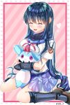  1girl :3 :d ^_^ angel_beats! animal animal_hug black_hair black_socks blue_sailor_collar blue_skirt blush breast_hold breasts closed_eyes commentary_request commission company_connection crossed_arms crossover eyelashes eyes_visible_through_hair fang feet_out_of_frame fox furrowed_brow hair_between_eyes happy heart highres holding holding_animal inari_(summer_pockets) kneehighs long_hair medium_breasts multiple_crossover neckerchief open_mouth pink_background pink_neckerchief pleated_skirt sailor_collar shiina_(angel_beats!) shinda_sekai_sensen_uniform shirt short_sleeves simple_background sitting skeb_commission skirt smile socks solo straight_hair summer_pockets twitter_username variant_set very_long_hair wariza white_shirt zuzuhashi 