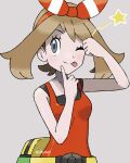  1girl ;p bare_arms bow_hairband brown_hair closed_mouth commentary eyelashes fanny_pack grey_background grey_eyes hairband highres index_finger_raised jiffy0v0 may_(pokemon) medium_hair one_eye_closed pokemon pokemon_(game) pokemon_oras shirt simple_background sleeveless sleeveless_shirt solo split_mouth star_(symbol) tongue tongue_out upper_body yellow_bag 