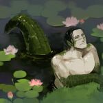  1boy 8_12ym black_hair crocodile_(one_piece) crocodile_boy crocodilian_tail grass hair_slicked_back highres jitome lake large_pectorals lily_pad looking_at_viewer male_focus mature_male monsterification muscular muscular_male nude one_piece pectorals reptile_boy scales short_hair sideways_glance smoking solo tail tail_raised yellow_eyes 