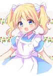  1girl alice_cartelet apron blonde_hair blue_dress blue_eyes blush dress heart highres kin-iro_mosaic long_hair looking_at_viewer nanami_ayane_(kusunoki5050) open_mouth puffy_short_sleeves puffy_sleeves short_sleeves smile solo twintails upper_body white_apron 