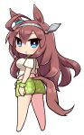  ahoge animal_ears blue_eyes brown_hair chibi commentary_request ear_ornament full_body gaze_on_me!_outfit_(umamusume) green_shorts hair_between_eyes highres horse_ears horse_girl horse_tail looking_at_viewer mihono_bourbon_(umamusume) scrunchie shirt short_sleeves shorts silver_hairband simoyuki simple_background tail tail_through_clothes tied_shirt umamusume white_background white_shirt wrist_scrunchie 