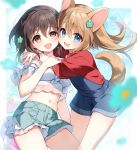  2girls :d animal_ears blue_eyes braid brown_eyes brown_hair crop_top dog_ears dog_girl dog_tail fang flower hair_between_eyes hair_flower hair_ornament hug long_hair looking_at_viewer midriff multiple_girls navel open_mouth original overalls red_shirt shirt short_shorts short_sleeves shorts skirt smile suimya tail 