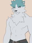  abs absurd_res anthro blue_body blue_eyes blue_fur bottomwear brand_new_animal canid canine canis clothed clothing fur grey_eyes hi_res hikaridraws male mammal muscular navel pants shirou_ogami solo studio_trigger topless white_body white_fur wolf 