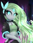  black_clothing black_jacket black_topwear blue_eyes bra breasts clothing cropped_jacket female generation_5_pokemon green_bra green_clothing green_hair green_underwear hair hi_res jacket legendary_pokemon meloetta nintendo pokemon pokemon_(species) rilex_lenov small_breasts smile solo topwear underwear white_body 