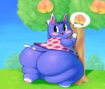  2020 5_fingers :3 animal_crossing anthro arm_markings belly big_belly big_butt big_eyes blue_body blue_fur blue_hair butt chubby_cheeks clothing colored curved_eyebrows detailed_background digital_drawing_(artwork) digital_media_(artwork) domestic_cat ear_markings eyelashes fat_rolls feet felid feline felis female fingers food foot_markings fruit fur hair hand_markings hi_res huge_butt huge_thighs hyper hyper_butt hyper_thighs leg_markings looking_at_viewer mammal markings mysterydad nintendo open_mouth open_smile outside overweight overweight_anthro overweight_female pawpads peach_(fruit) pink_cheeks plant raised_leg reaching rosie_(animal_crossing) shaded short_stack simple_eyes sky smile smiling_at_viewer soft_shading speech_bubble tail tail_markings thick_thighs topwear tree 