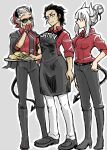  3girls apron black_apron black_footwear black_hair black_horns black_jacket black_pants demon demon_girl demon_horns food genderswap genderswap_(mtf) gloves hand_on_own_chin helltaker helltaker_(character) holding holding_plate horns jacket jacket_on_shoulders justice_(helltaker) lucifer_(helltaker) mole mole_under_eye multiple_girls pancake pancake_stack pants plate red_gloves red_shirt root_12047841 shirt short_hair white_background white_hair white_horns white_pants 